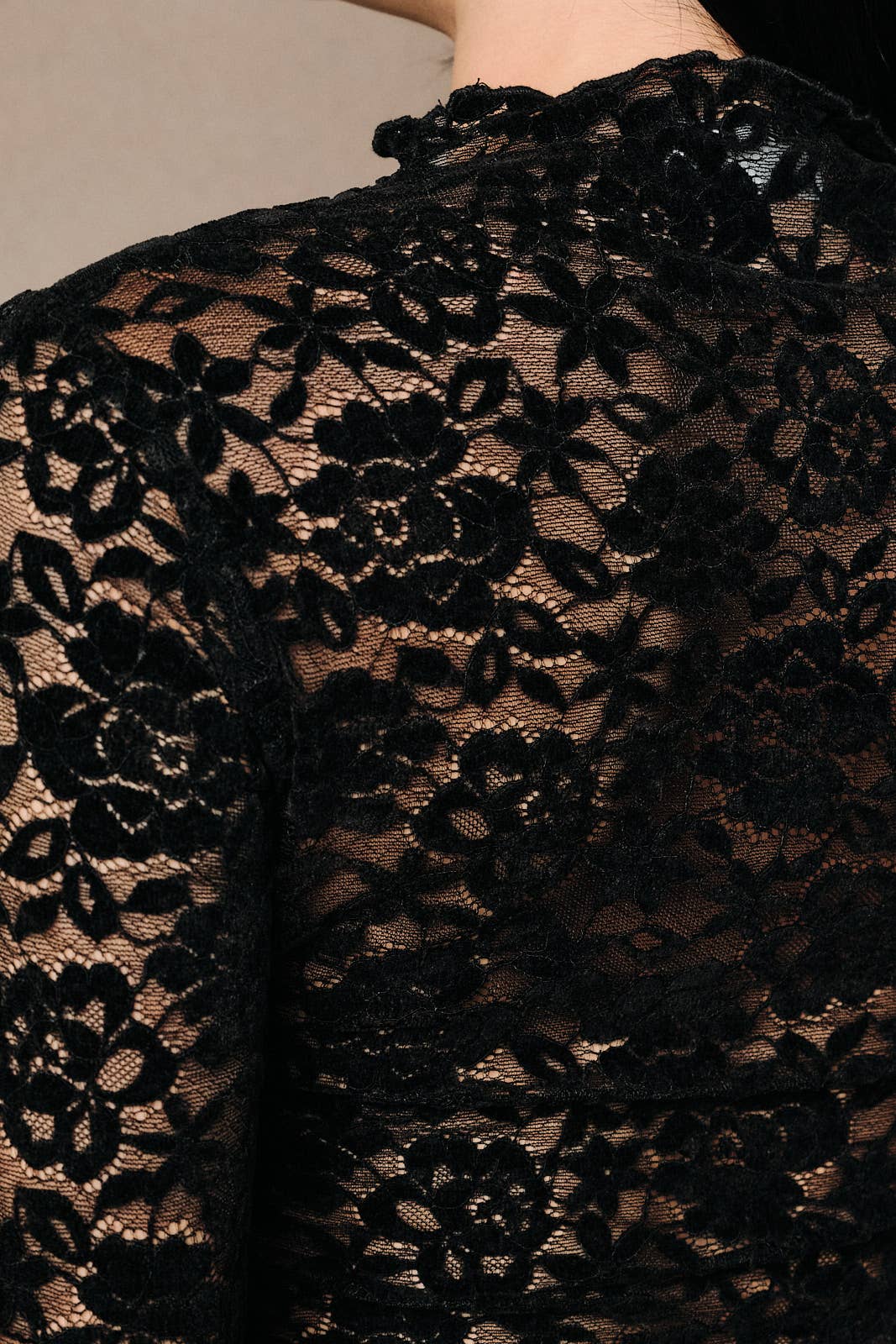 Black Sheer Floral Lace Mock-Neck Long-Sleeve Top