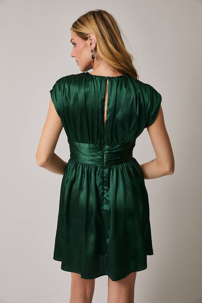 Emerald Satin Fit-and-Flare Mini Dress