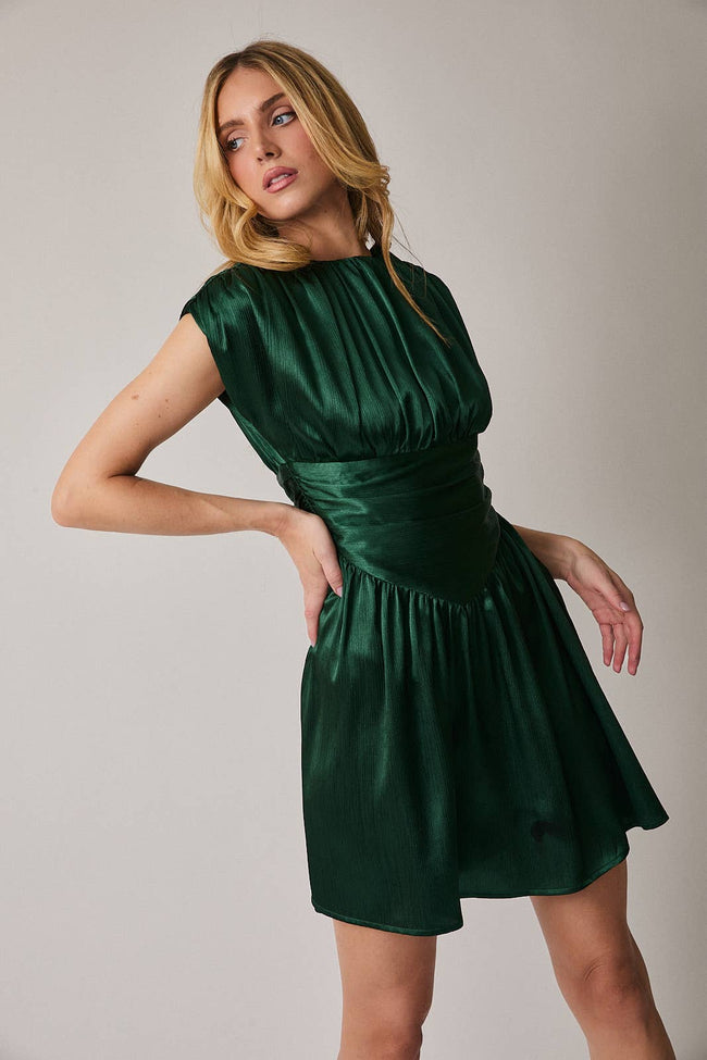 Emerald Satin Fit-and-Flare Mini Dress