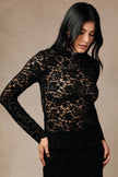 Black Sheer Floral Lace Mock-Neck Long-Sleeve Top