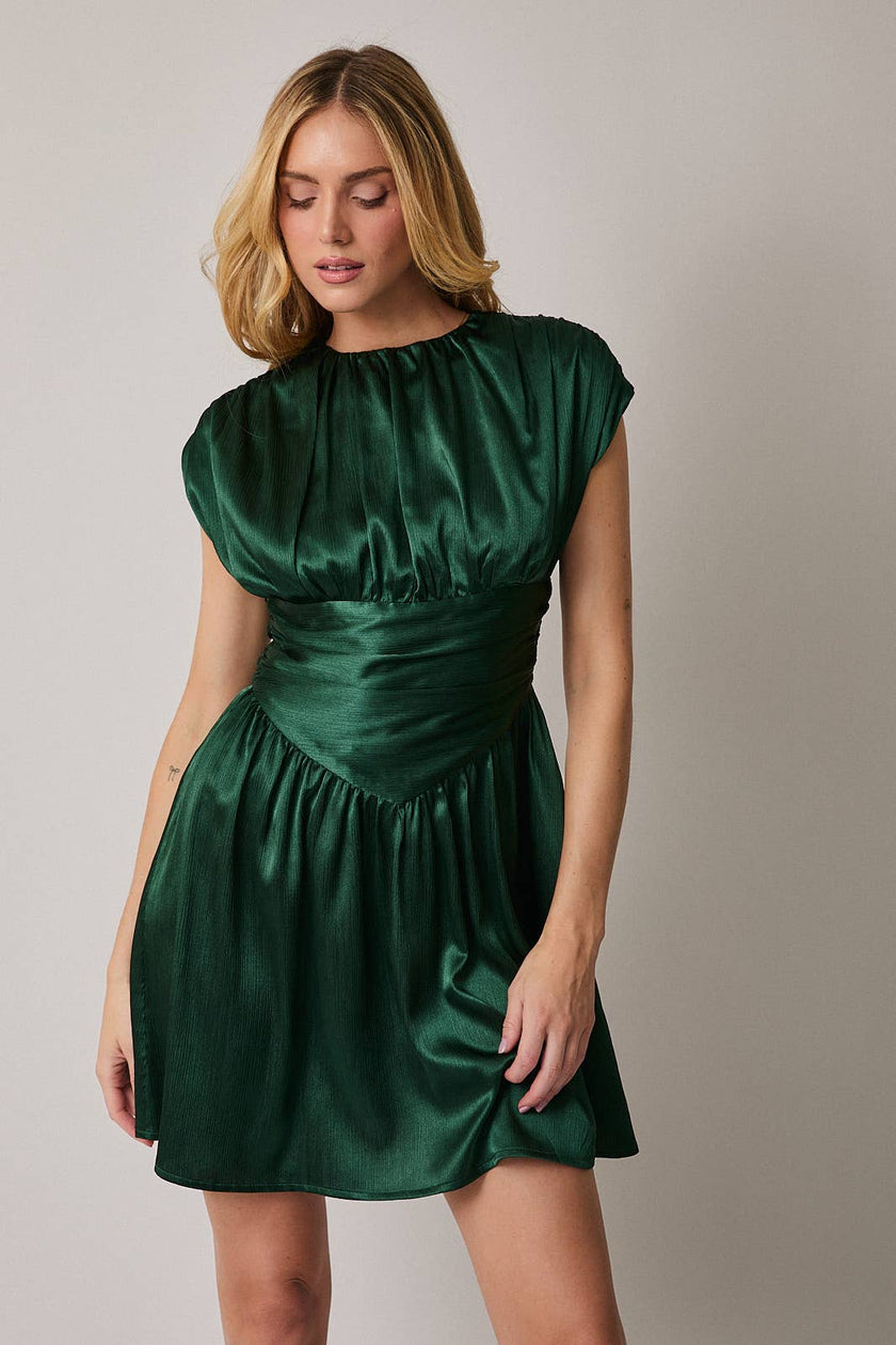 Emerald Satin Fit-and-Flare Mini Dress