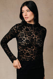 Black Sheer Floral Lace Mock-Neck Long-Sleeve Top