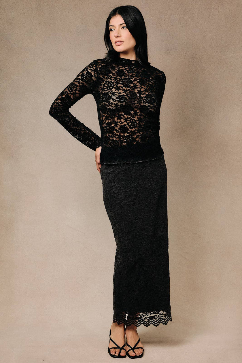 Black Sheer Floral Lace Mock-Neck Long-Sleeve Top
